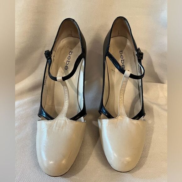 Retro Bebe Pin-Up T-strap Mary Jane black & cream pumps slight platform SZ 7.5 - Picture 2 of 12